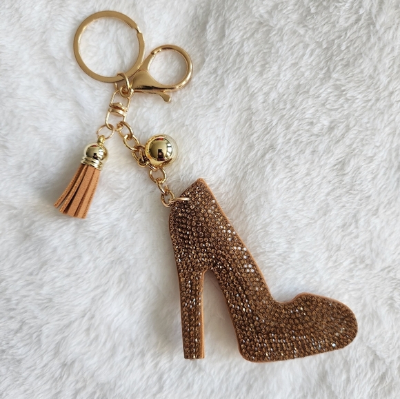 Gold Rhinestone High Heel Keychain Bag Charm - Picture 1 of 4
